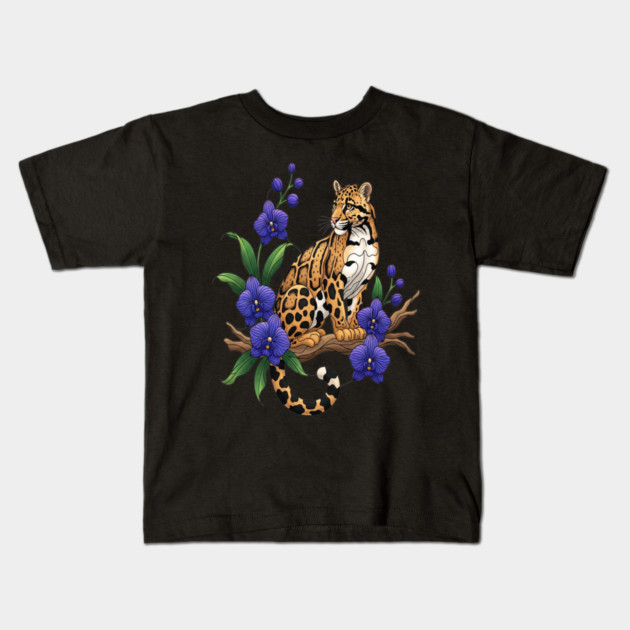 Stained Glass Clouded Leopard Orchid Art Kids T-Shirt by BirdsnStuff