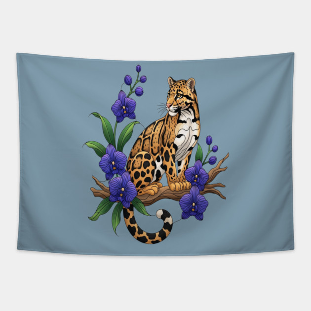 Stained Glass Clouded Leopard Orchid Art Tapestry by BirdsnStuff