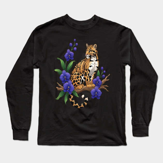 Stained Glass Clouded Leopard Orchid Art Long Sleeve T-Shirt by BirdsnStuff