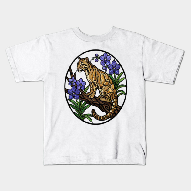 Stained Glass Clouded Leopard Illustration Kids T-Shirt by BirdsnStuff