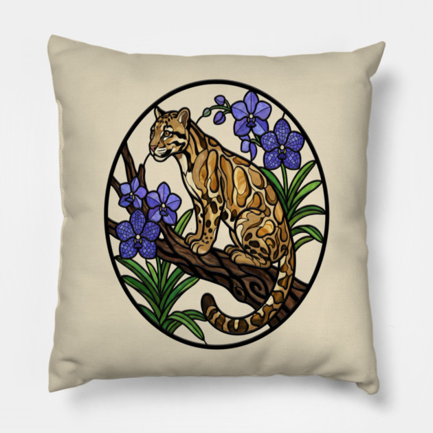 Stained Glass Clouded Leopard Illustration Pillow by BirdsnStuff