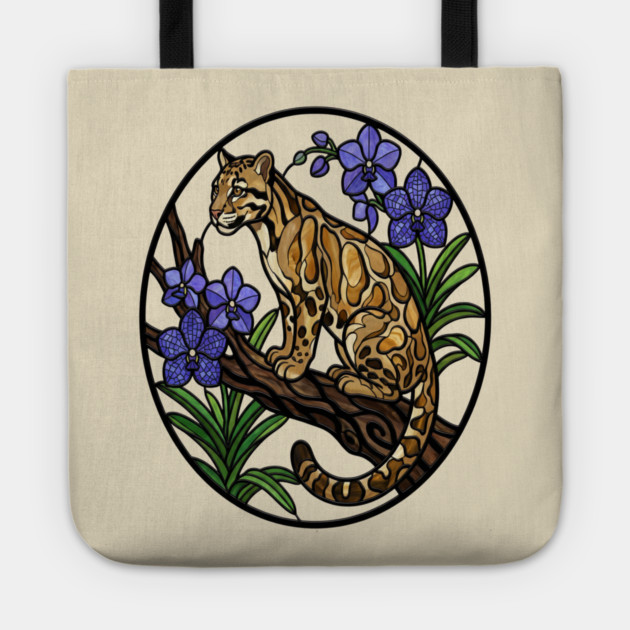 Stained Glass Clouded Leopard Illustration Tote by BirdsnStuff
