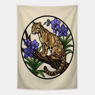 Stained Glass Clouded Leopard Illustration Tapestry