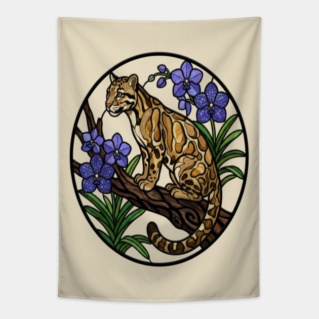 Stained Glass Clouded Leopard Illustration Tapestry by BirdsnStuff