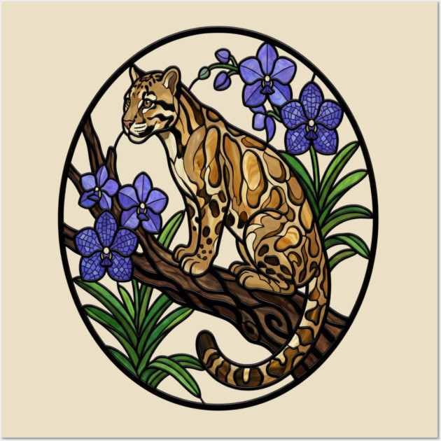 Stained Glass Clouded Leopard Illustration Wall Art by BirdsnStuff