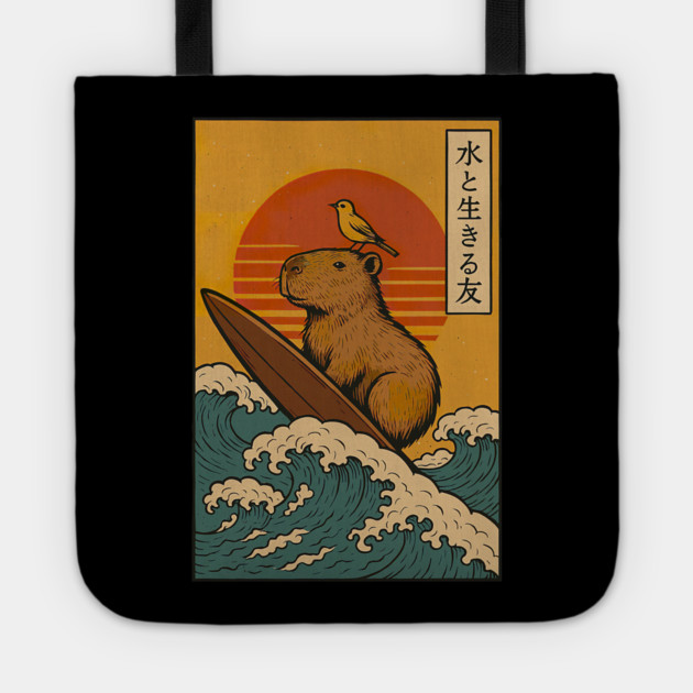 Capybara Surfing Japanese Tote by yangho