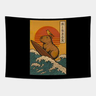 Capybara Surfing Japanese Tapestry