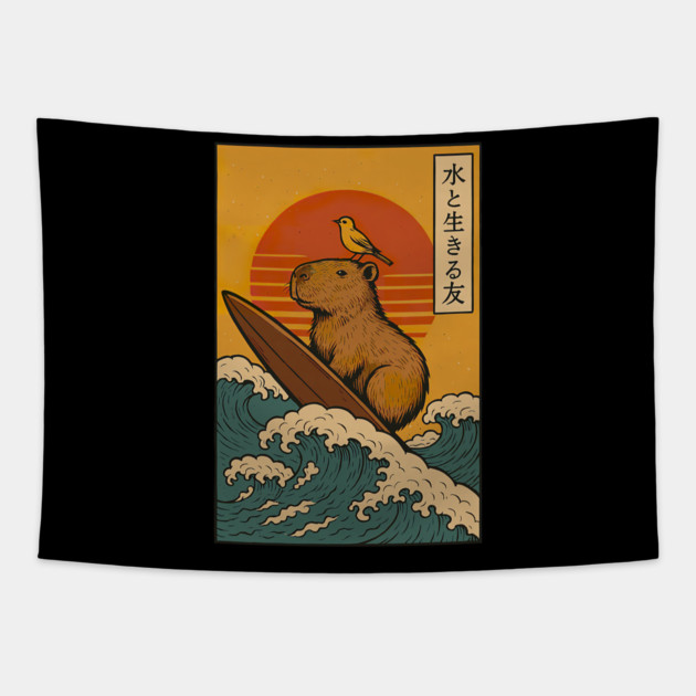 Capybara Surfing Japanese Tapestry by yangho