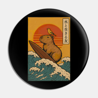 Capybara Surfing Japanese Pin