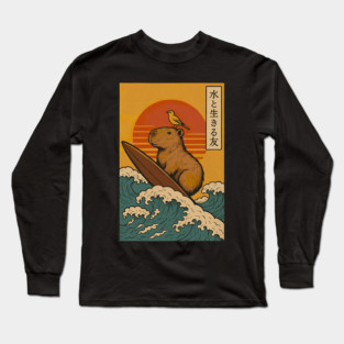 Capybara Surfing Japanese Long Sleeve T-Shirt