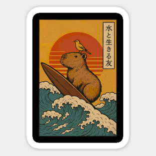 Capybara Surfing Japanese Sticker