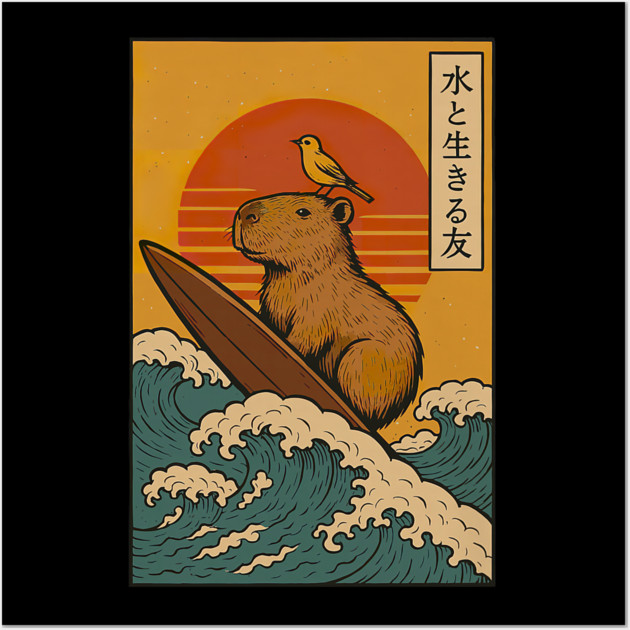 Capybara Surfing Japanese Wall Art by yangho