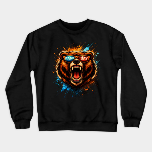 Game Day Bear Roaring Sunglasses Sports Fan Crewneck Sweatshirt by ArtistTee ⭐⭐⭐⭐⭐