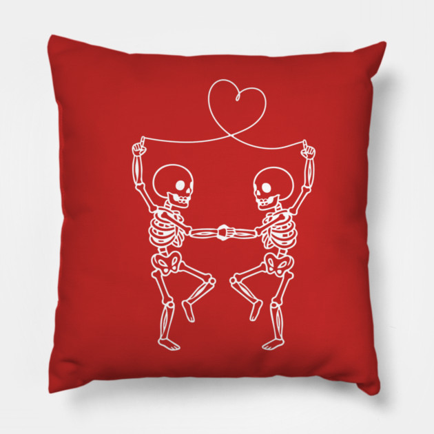 Skeleton Couple Love Heart Line Pillow by Creatifly Graphic Tees