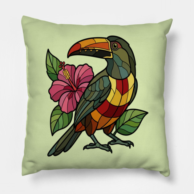 Stained Glass Collared Aracari Bird Art Pillow by BirdsnStuff