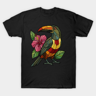 Stained Glass Collared Aracari Bird Art T-Shirt