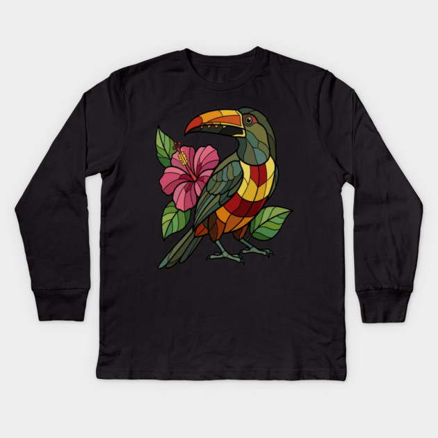 Stained Glass Collared Aracari Bird Art Kids Long Sleeve T-Shirt by BirdsnStuff