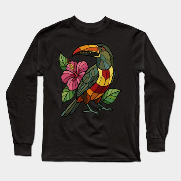 Stained Glass Collared Aracari Bird Art Long Sleeve T-Shirt by BirdsnStuff