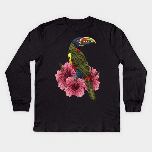 Stained Glass Collared Aracari Tropical Art Kids Long Sleeve T-Shirt by BirdsnStuff
