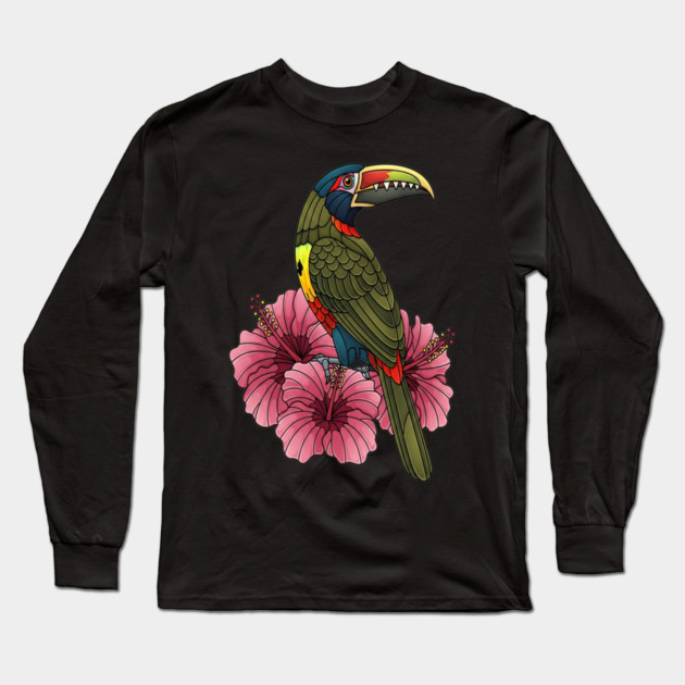 Stained Glass Collared Aracari Tropical Art Long Sleeve T-Shirt by BirdsnStuff