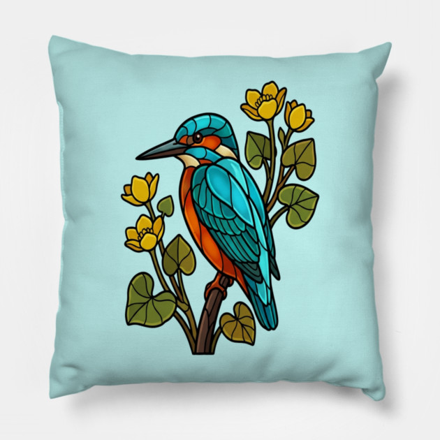 Stained Glass Common Kingfisher Bird Art Pillow by BirdsnStuff
