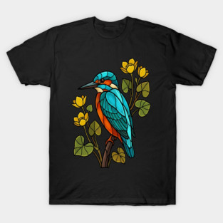 Stained Glass Common Kingfisher Bird Art T-Shirt