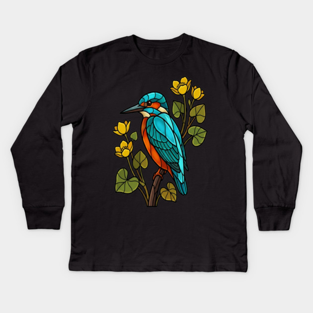 Stained Glass Common Kingfisher Bird Art Kids Long Sleeve T-Shirt by BirdsnStuff