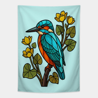 Stained Glass Common Kingfisher Bird Art Tapestry