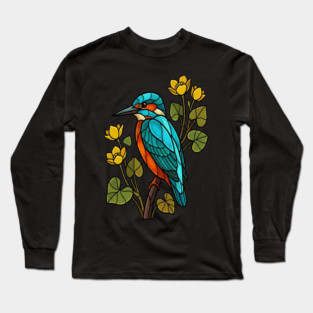 Stained Glass Common Kingfisher Bird Art Long Sleeve T-Shirt