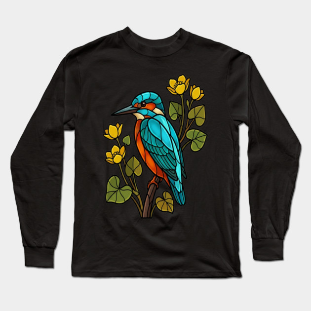 Stained Glass Common Kingfisher Bird Art Long Sleeve T-Shirt by BirdsnStuff