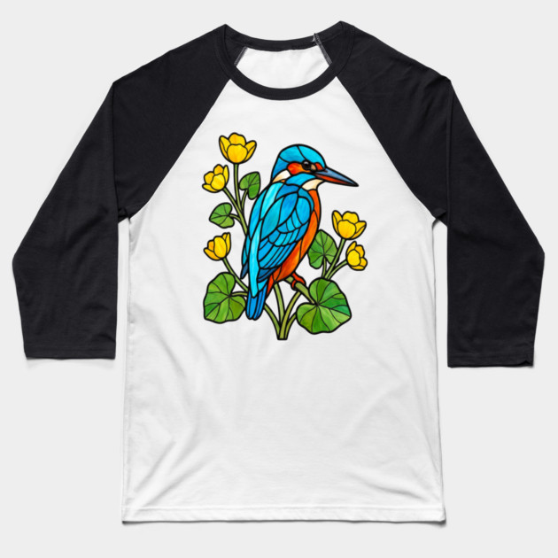 Stained Glass Kingfisher with Yellow Flowers Baseball T-Shirt by BirdsnStuff