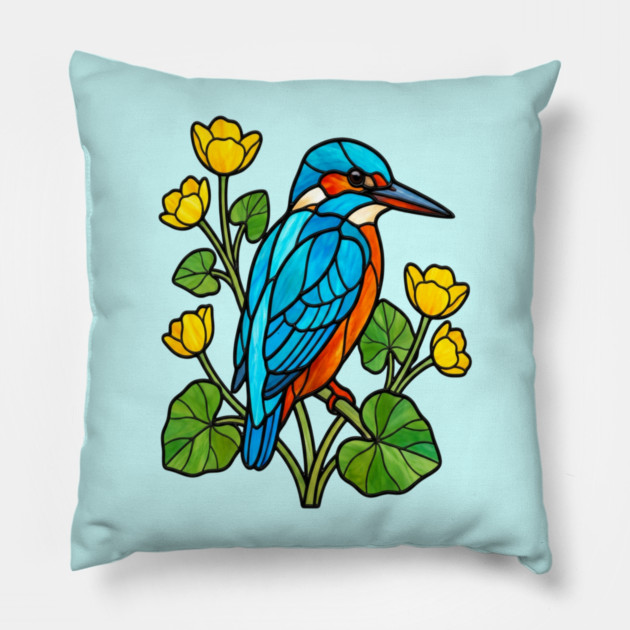 Stained Glass Kingfisher with Yellow Flowers Pillow by BirdsnStuff
