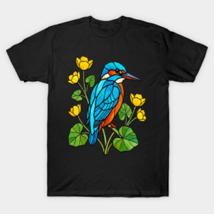 Stained Glass Kingfisher with Yellow Flowers T-Shirt