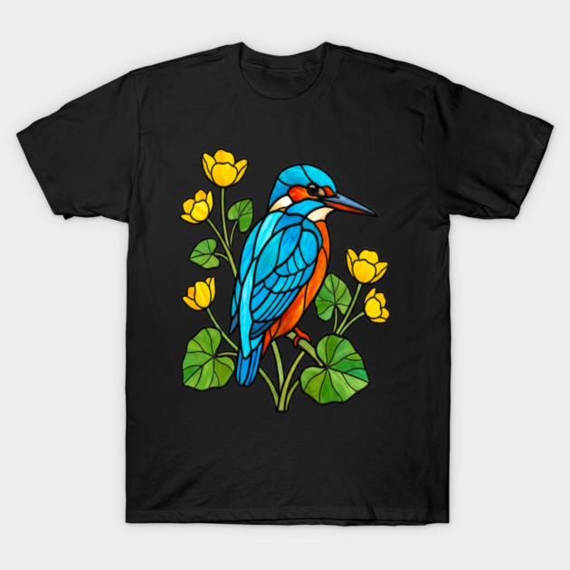 Stained Glass Kingfisher with Yellow Flowers T-Shirt by BirdsnStuff