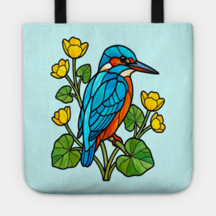 Stained Glass Kingfisher with Yellow Flowers Tote