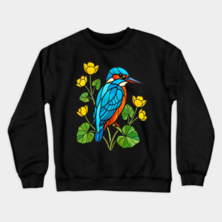 Stained Glass Kingfisher with Yellow Flowers Crewneck Sweatshirt
