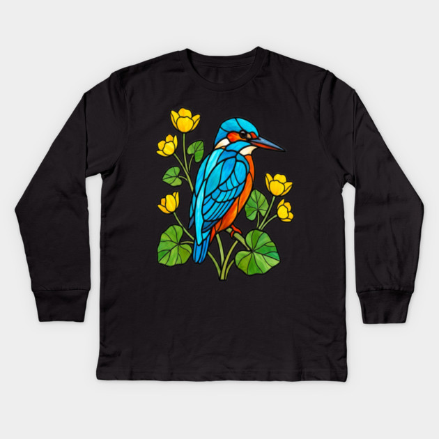 Stained Glass Kingfisher with Yellow Flowers Kids Long Sleeve T-Shirt by BirdsnStuff