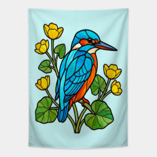 Stained Glass Kingfisher with Yellow Flowers Tapestry