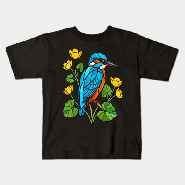 Stained Glass Kingfisher with Yellow Flowers Kids T-Shirt by BirdsnStuff