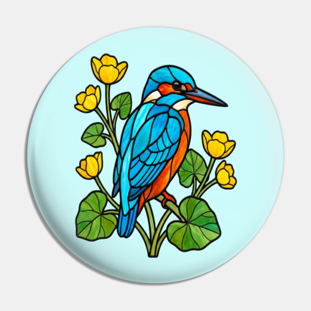 Stained Glass Kingfisher with Yellow Flowers Pin by BirdsnStuff