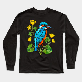 Stained Glass Kingfisher with Yellow Flowers Long Sleeve T-Shirt