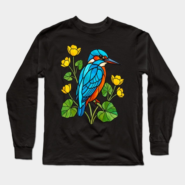 Stained Glass Kingfisher with Yellow Flowers Long Sleeve T-Shirt by BirdsnStuff