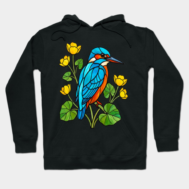Stained Glass Kingfisher with Yellow Flowers Hoodie by BirdsnStuff