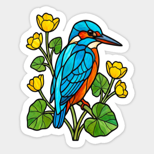 Stained Glass Kingfisher with Yellow Flowers Magnet by BirdsnStuff
