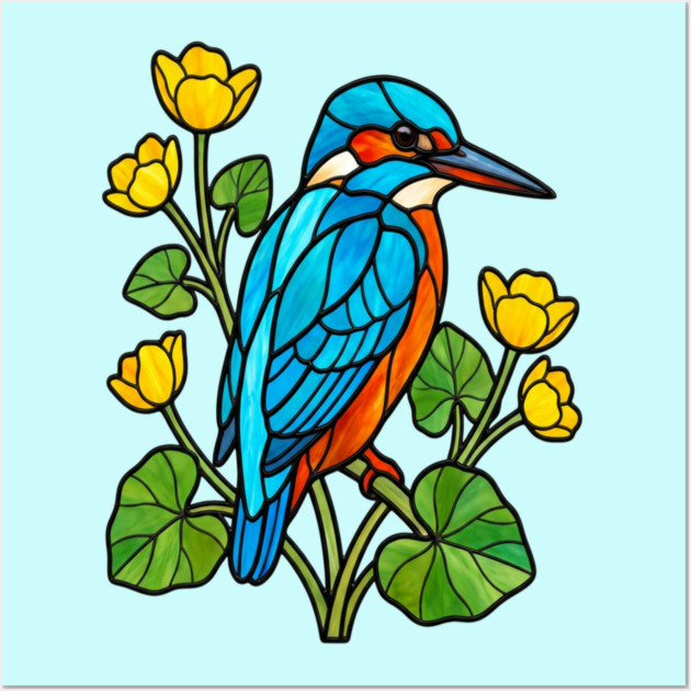 Stained Glass Kingfisher with Yellow Flowers Wall Art by BirdsnStuff