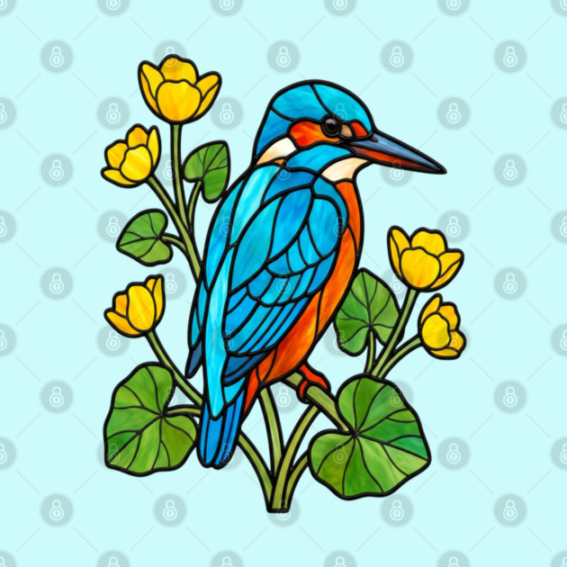Stained Glass Kingfisher with Yellow Flowers by BirdsnStuff