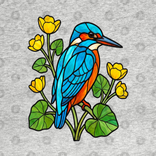 Stained Glass Kingfisher with Yellow Flowers by BirdsnStuff