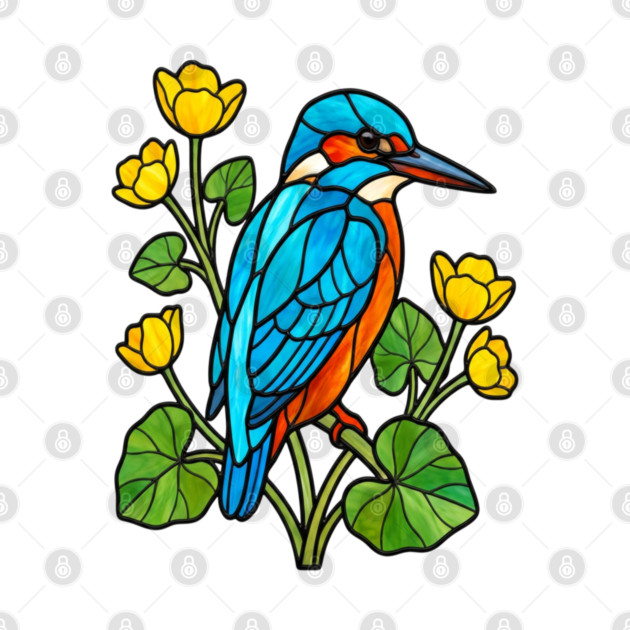 Stained Glass Kingfisher with Yellow Flowers by BirdsnStuff