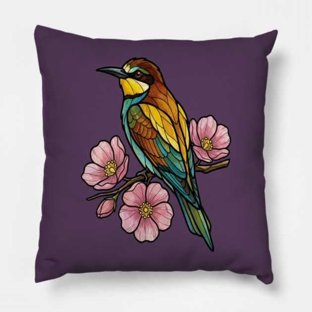 European Bee Eater Floral Bird Artwork Pillow by BirdsnStuff