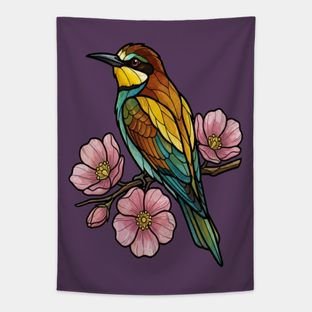European Bee Eater Floral Bird Artwork Tapestry by BirdsnStuff